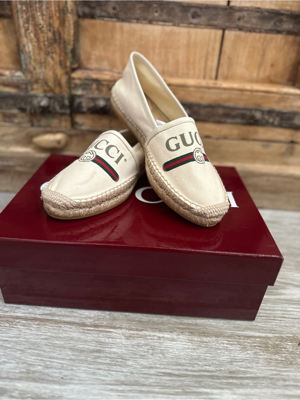 Gucci Pilar Canvas Espadrilles Cream Sherry Line Web Logo Slip On Shoes 40